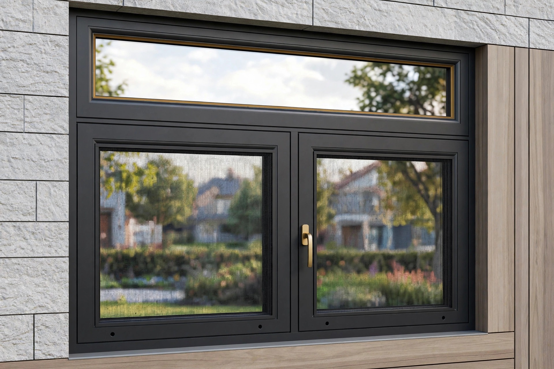 FLGR100 Series tilt-turn window — black frame with brass handle